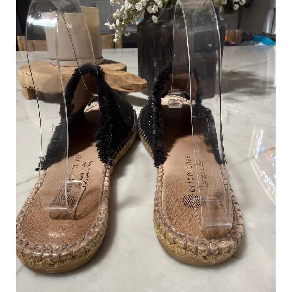 Eric Michael Handmade in Spain Black Shimmer Fringe Espadrille Slides Sz 39 8.5